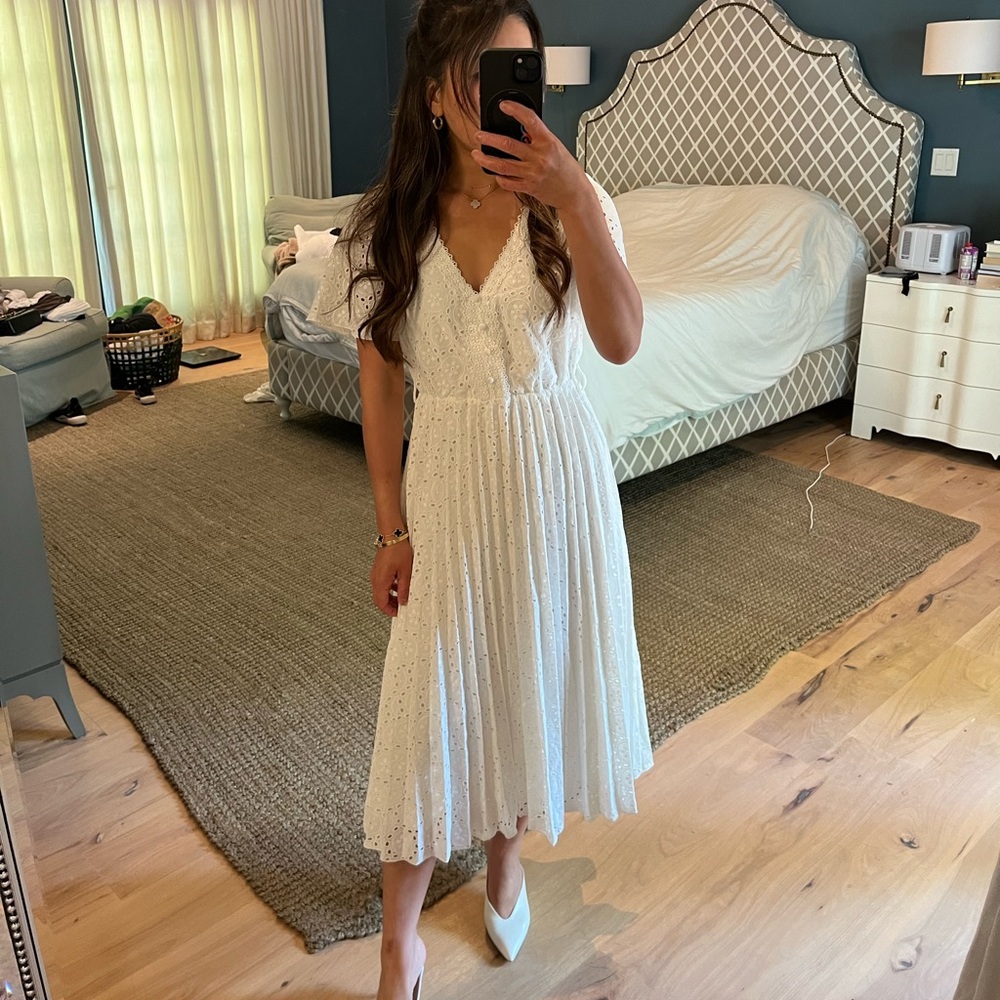 Sezane Isidore White Eyelet Midi Dress - V-Neck, Short Sleeve